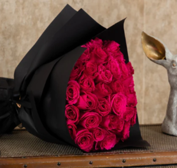 50 Long Stem Red Roses Wrapped in Black