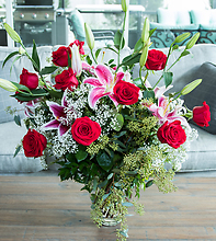 A Dozen Long Stemmed Red Roses &amp; Oriental Lilies