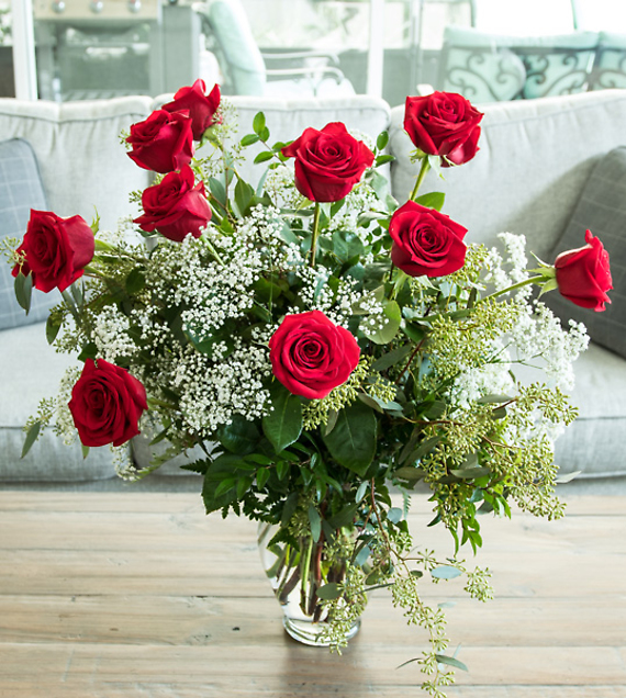 A Dozen Long Stemmed Red Roses in a Vase