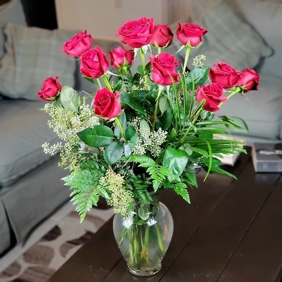 A Dozen Long Stemmed Red Roses in a Vase